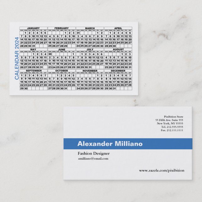 2024 Calendar Classic Business Card Blue Stripe Visitenkarte (Vorne/Hinten)