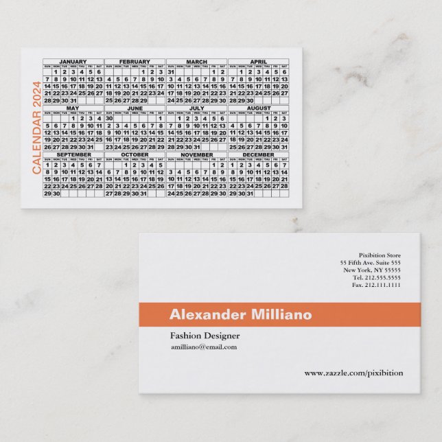 2024 Calendar Classic Business Card Orange Stripe Visitenkarte (Vorne/Hinten)
