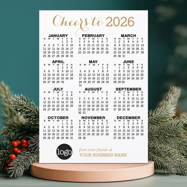 2024 Calendar Gold White Business Logo Feiertagskarte (2026 Calendar on a Holiday Business Card)