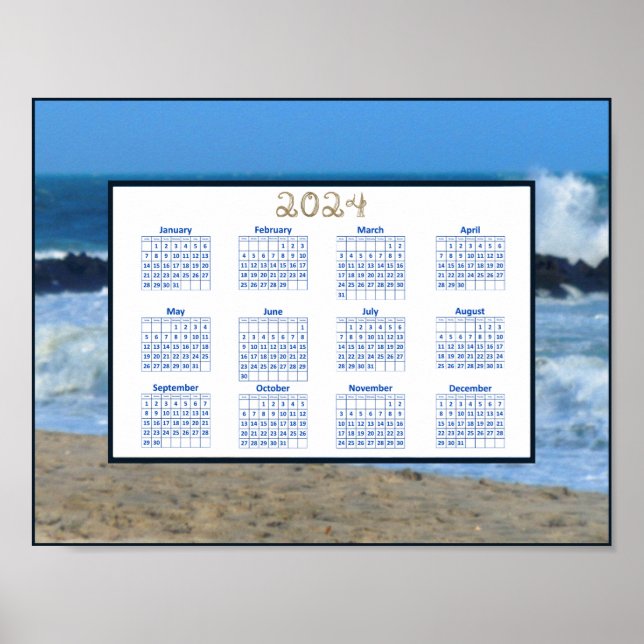 2024 Calendar Ocean Waves Beach Rocks Foto Poster (Vorne)