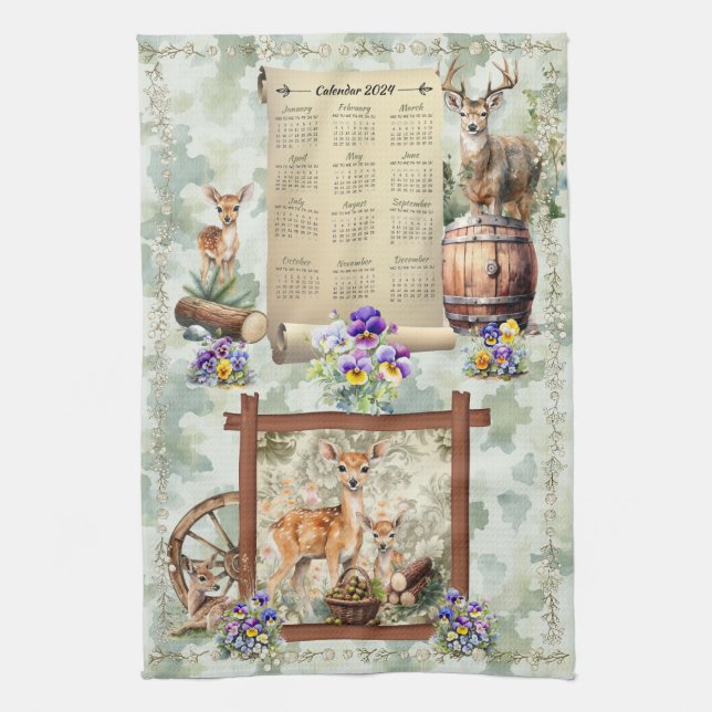 2024 Calendrier Serviette Deer Buck Pansies Acorns (Vertical)