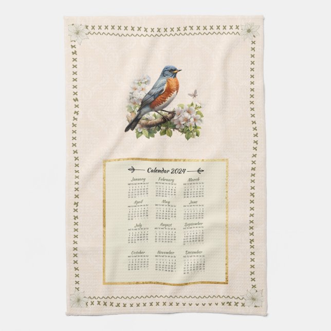2024 Calendrier Serviette Robin Oiseau Pêcher Dama (Vertical)