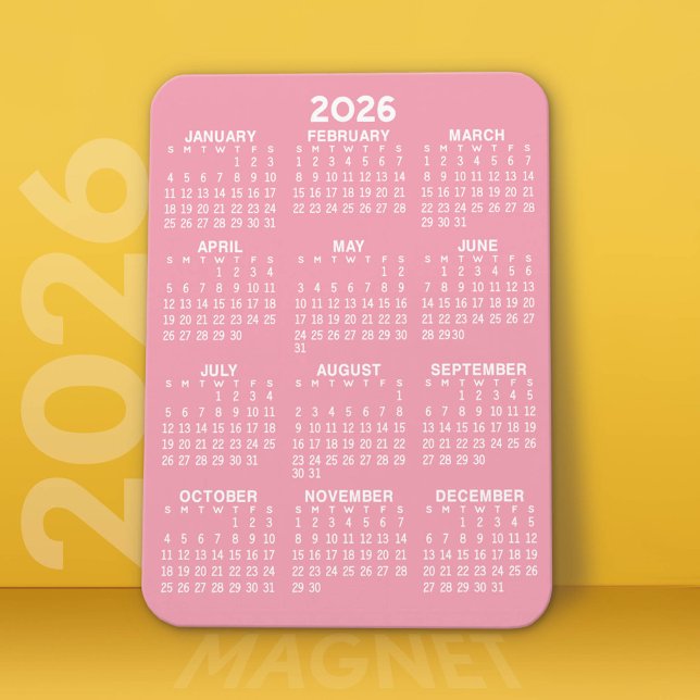 2024 Full Year View Calendar - Basic Pink Minimum Magnet (2026 Calendar Magnet)