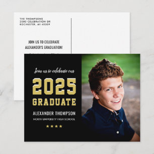 2024 Graduate Black Gold Graduation Party Foto Einladungspostkarte