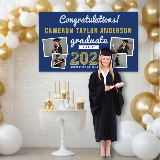 2024 Graduate Bold Sketch 4 Foto Graduation Party Banner (2024 Navy Blue & Gold Sketch 4 Photo Modern Graduation Party Banner @ www.zazzle.com/color_therapy)