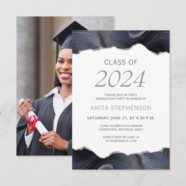 2024 Graduation Photo Blue Grey Agate Invitation (Devant / Derrière)
