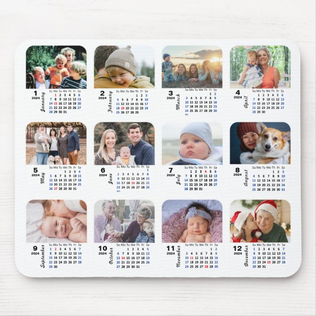 2024 Kalender 12 Familienfoto Collage US Holidays Mousepad (Vorne)