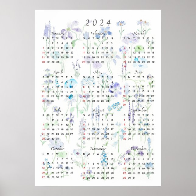 2024 Kalender Aquarell lila und blau foral Poster (Vorne)