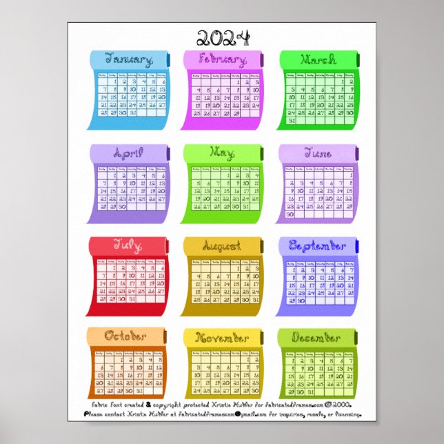 2024 Kalender Bolzen Stoffgewebe Schriftart Zeiche Poster (Vorne)