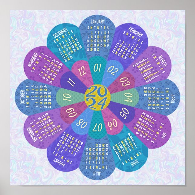 2024 Kalender Einzigartige Lila Blume rund um Boho Poster (Vorne)