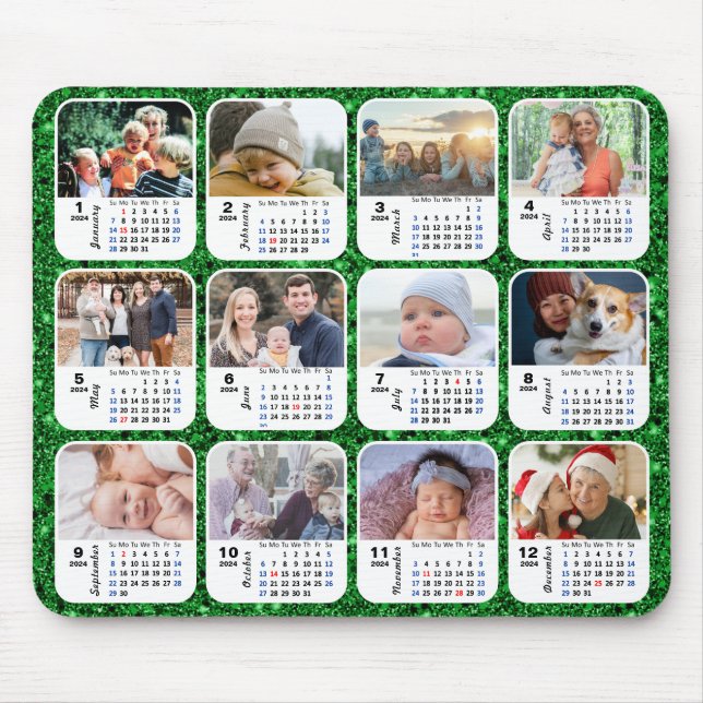 2024 Kalender Green Glitzer Familienfoto Collage Mousepad (Vorne)