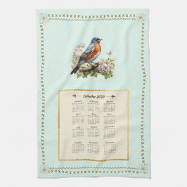 2024 Kalender Handtuch Robin Bird Aqua Damask
