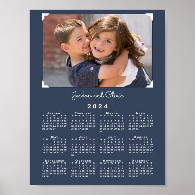 2024 Kalender mit Ihrem Foto und Name Navy Blue Poster (Vorne)
