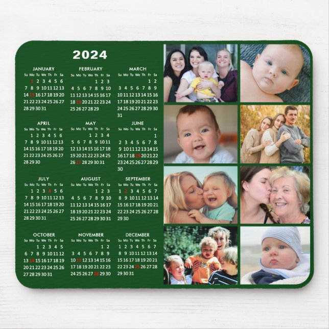 2024 Kalender Modern Green 8 Family Foto Collage Mousepad (Vorne)