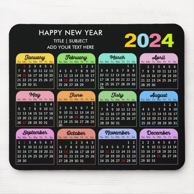 2024 Kalender Moderner Schwarzer, benutzerdefinier Mousepad (Vorne)