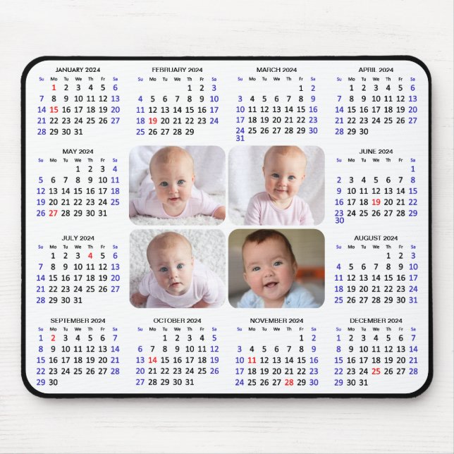 2024 Kalender Modernes Black 4 Family Foto Einfach Mousepad (Vorne)