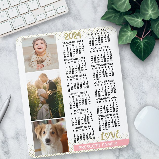 2024 Kalender Rosa Gold Familienfoto Collage Mousepad (Von Creator hochgeladen)