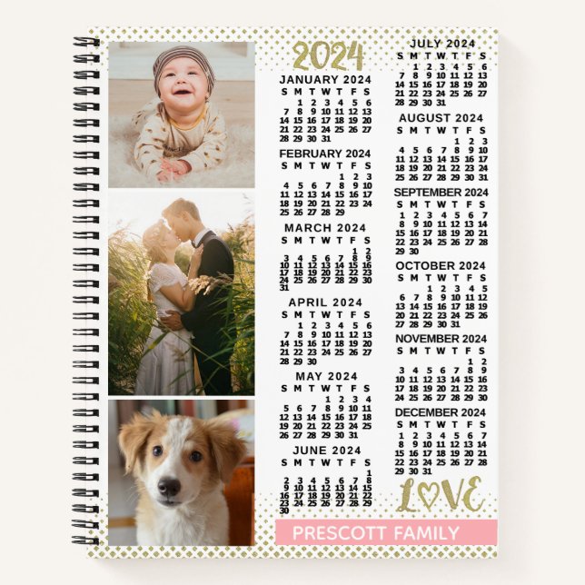 2024 Kalender Rosa Gold Familienfoto Collage Notizbuch (Vorderseite)