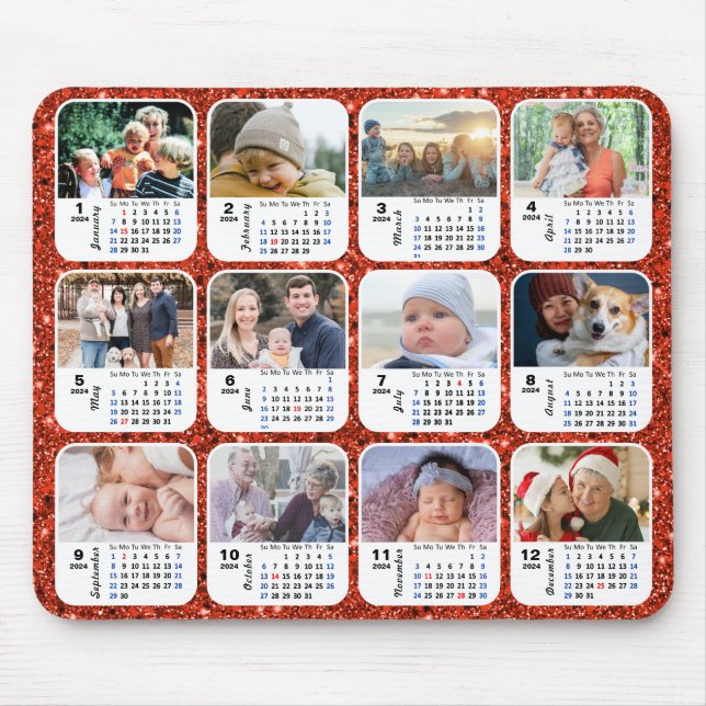 2024 Kalender Roter Glitzer 12 Familienfoto Collag Mousepad (Vorne)