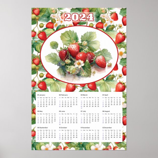 2024 Kalender Vintage Erdbeeren Wasserfarbe Poster (Vorne)