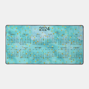 2024 Kalender Wasserfarbe Türkis Gold Polka Dots Schreibtischunterlage