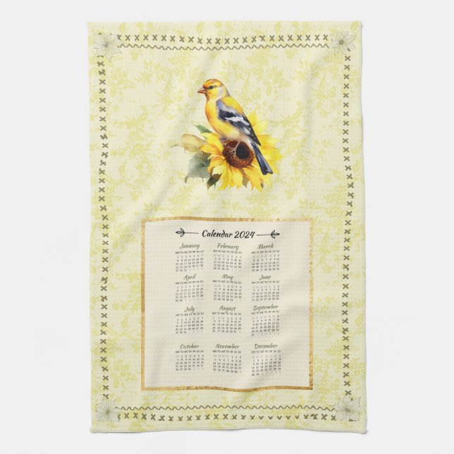 2024 Kalenderhandtuch Gelb Goldfinch Geschirrtuch (Vertikal)