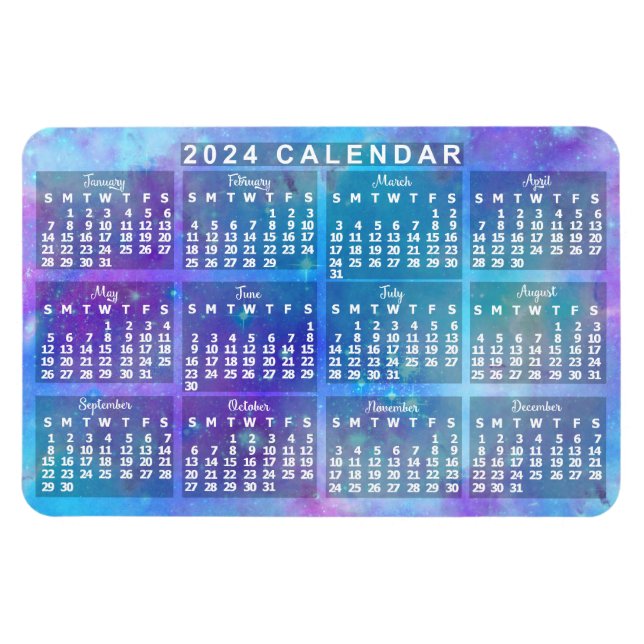 2024 Monatlicher Kalender Blaue Aquarellsterne Magnet (Horizontal)