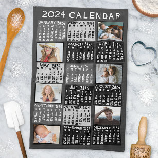 2024 Monatlicher Kalender FotoCollage Mod Black Geschirrtuch