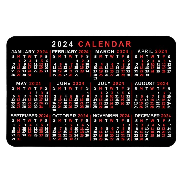 2024 Monatlicher Kalender Klassisch Schwarz Rot We Magnet (Horizontal)