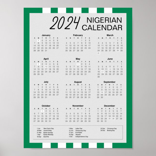 2024 Nigerianischer Kalender herunterladen 5,95 $  Poster (Vorne)