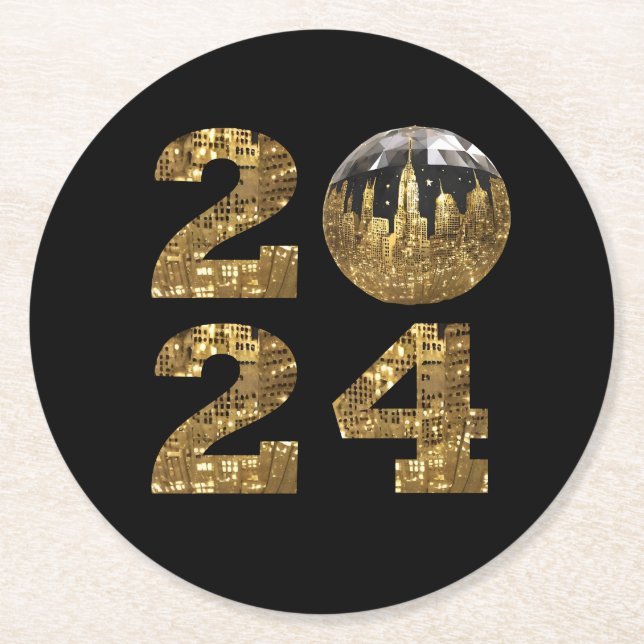 2024 Party-Ball-NYC Gold- Runder Pappuntersetzer (Vorderseite)