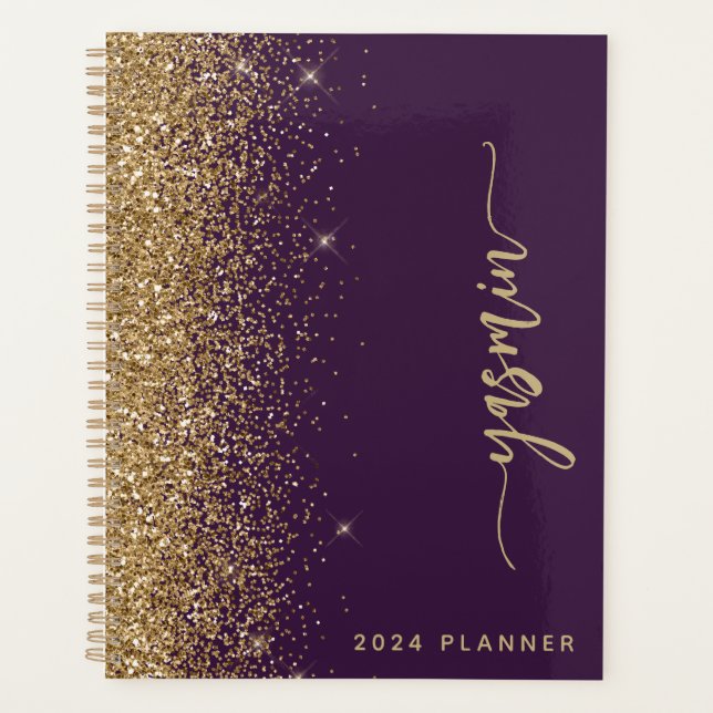 2024 Personalisierter Lila Gold-Glitzer Planer (Vorderseite)