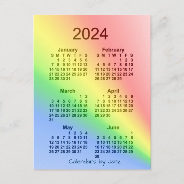 2024 Rainbow 6 Month Mini Kalender von Janz Postkarte (Vorderseite)