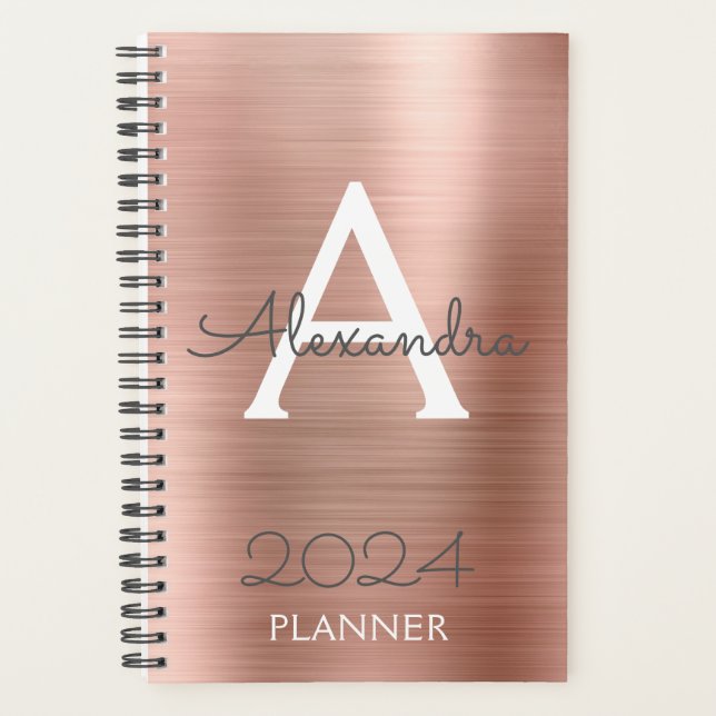 2024 Roségold-Rosa Glanz Monogramm Planer (Vorderseite)