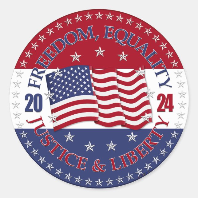 2024 USA Flag Freedom, Equality, Justice Liberty Runder Aufkleber (Vorderseite)