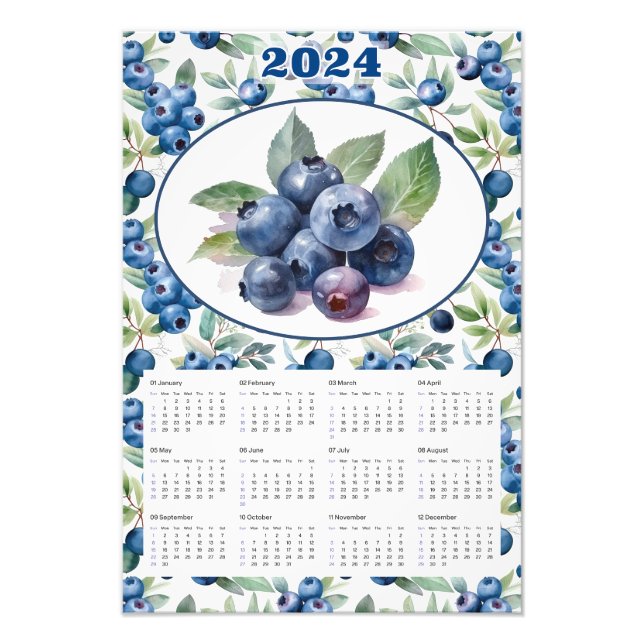 2024 Vintage Blueberries Wasserfarbe Fotodruck (Vorne)