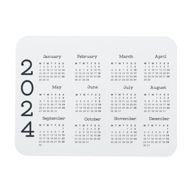 2024 Volljähriger Kalender Schwarz-Weiß-Minimalist Magnet (Horizontal)
