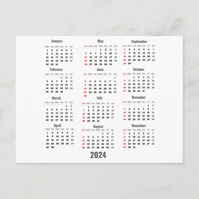 2024 Weißer Kalender mit 52 Wochen Postkarte (Vorderseite)