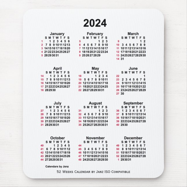 2024 White 52 Weeks ISO Calendar by Janz Mouse Pad Mousepad (Vorne)
