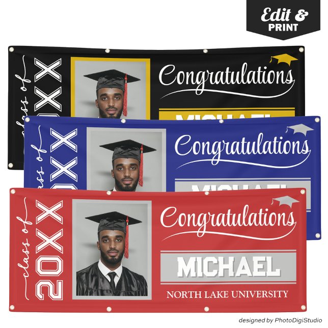 2025 Abschluss-Banner mit Name & Schule Banner (2025 Editable Graduation Banner with Name & School, Red and White Banner Outdoor Horizontal)