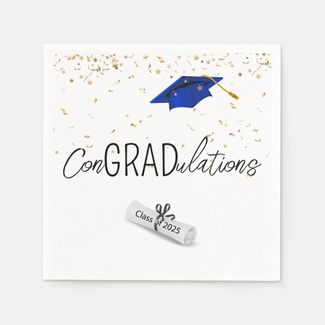 2025 Abschluss Gold Confetti und Blue Cap Serviette (Vorderseite)