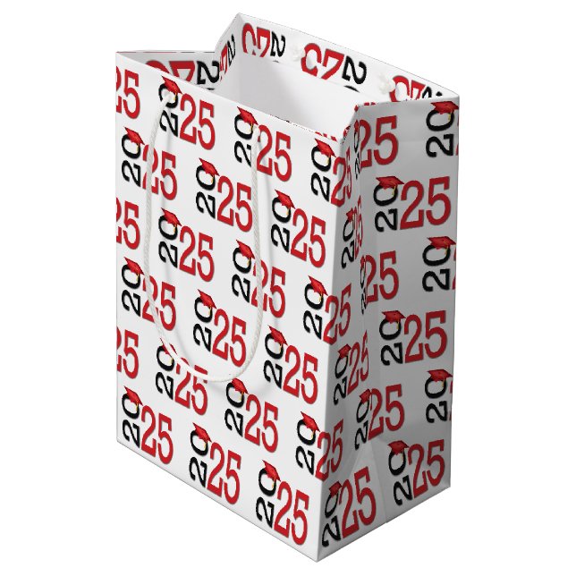 2025 Abschluss rot und schwarz Mittlere Geschenktüte (Rückseite Schrägansicht)