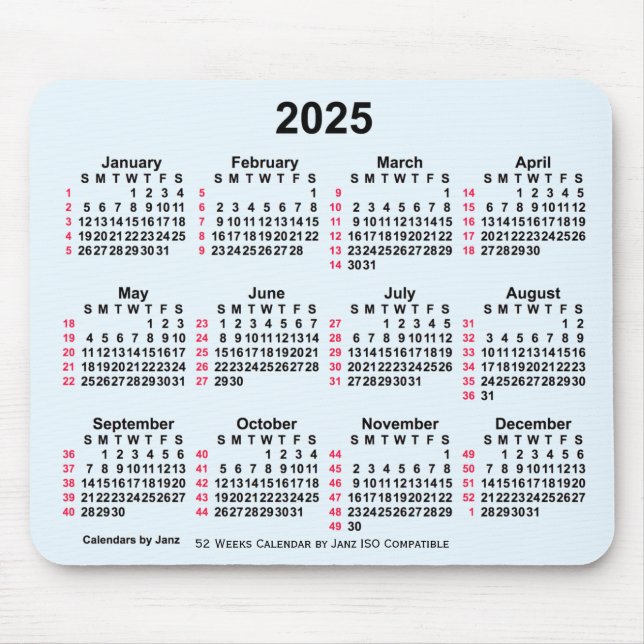 2025 Alice Blue 52 Weeks ISO Calendar by Janz Mousepad (Vorne)