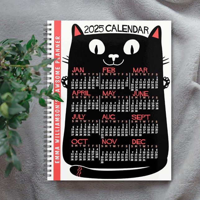 2025 Année Calendrier mensuel Chat noir du milieu  (Créateur téléchargé)