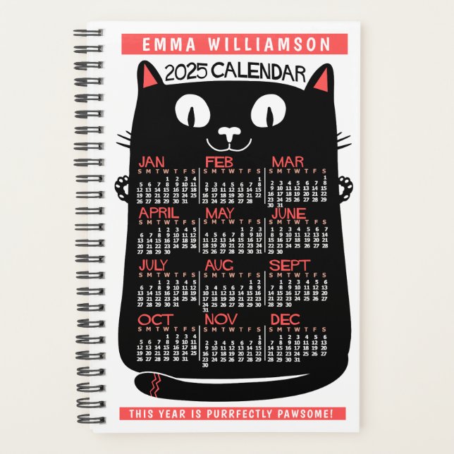 2025 Année Calendrier Mensuel Mi-siècle Noir Chat  (Devant)