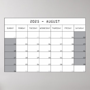 2025 August Planer Kalender große Notizen Fläche Poster