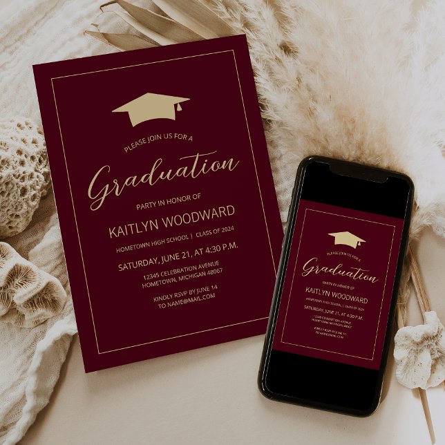 2025 Burgund Gold Cap Moderne Graduation Party Einladung (Von Creator hochgeladen)