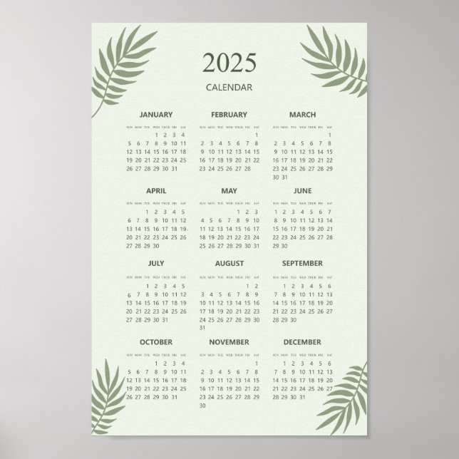 2025 Calendar Boho Floral Ästhetische Seite Grün Poster (Vorne)