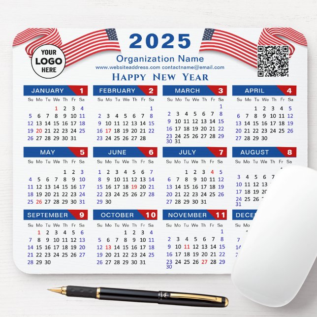 2025 Calendar Business-Logo US Patriotic Blue Red Mousepad (Von Creator hochgeladen)