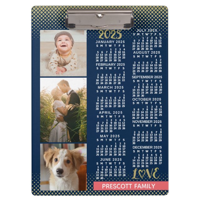 2025 Calendar Navy Koral Gold Familie Foto Collage Klemmbrett (Vorderseite)